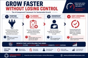 Grow faster without losing control infographic showing the four-part Unchained framework of Purpose, Planning, Ownership, and Habit Conversion