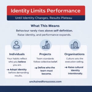 Infographic showing how identity limits performance in individuals, projects and organisations by shaping behaviour and standards