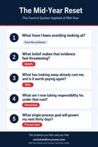 Mid-year reset infographic showing five questions to face evidence, challenge beliefs and take ownership of the second half of the year