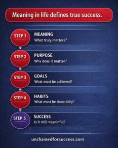Step-by-step infographic showing how meaning in life defines true success, moving from meaning and purpose to goals, habits, and sustainable success.