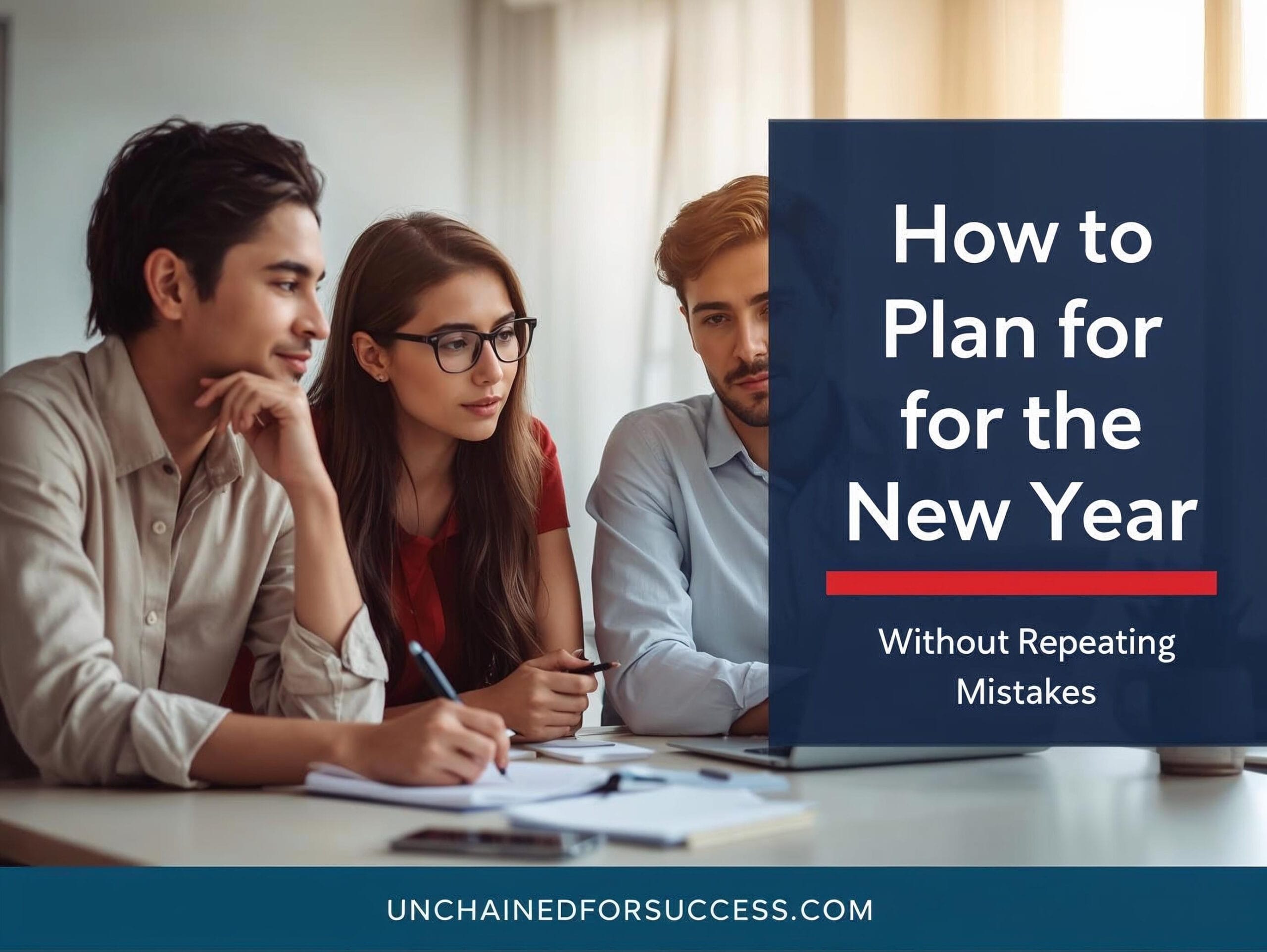 People planning together at a desk, illustrating how to plan for the new year without repeating mistakes