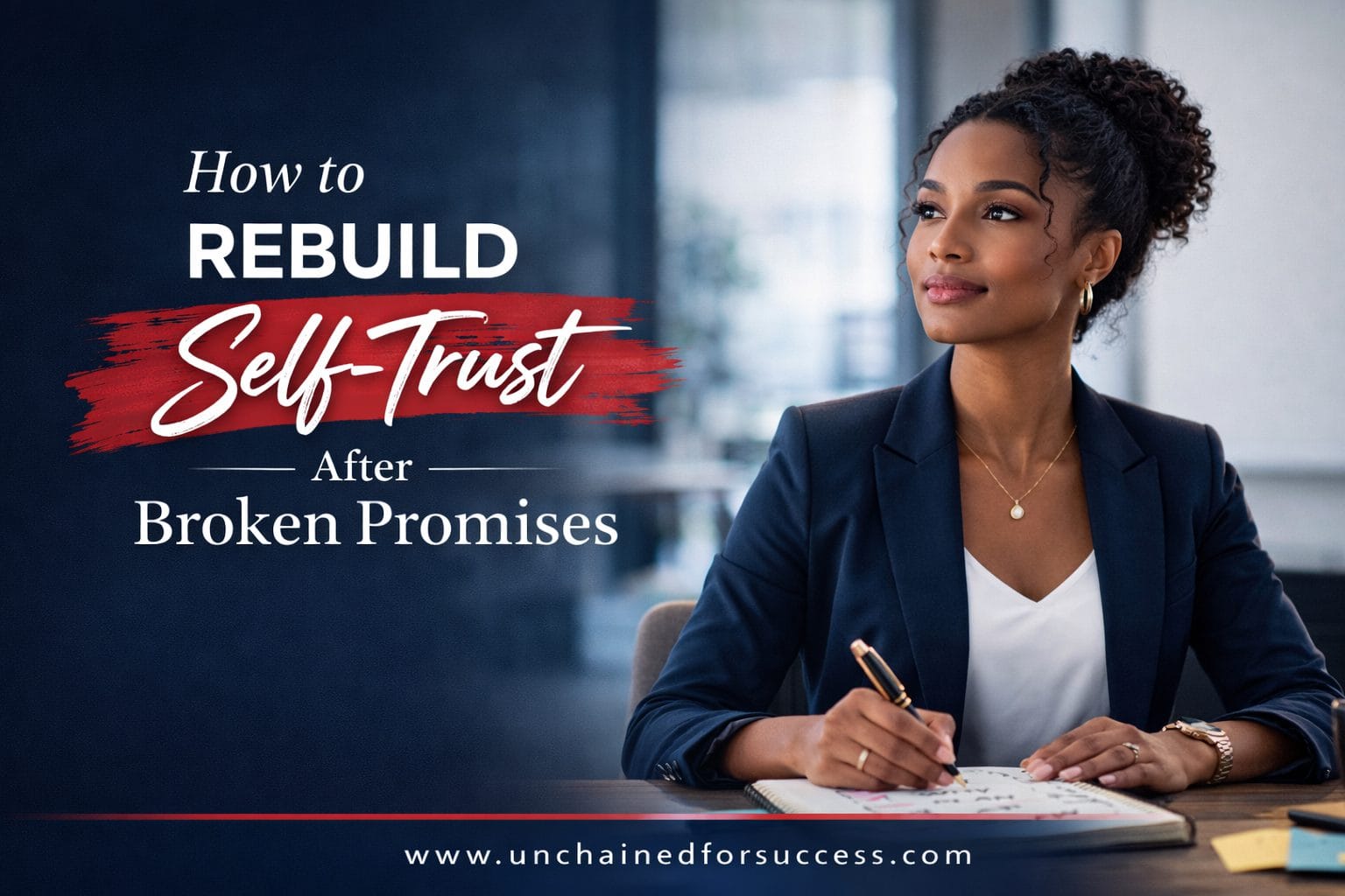 Professional image of a confident Black businesswoman in an office setting illustrating how to rebuild self-trust after broken promises