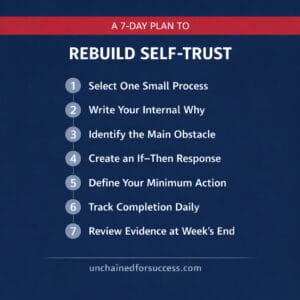 Infographic showing a 7-day plan to rebuild self-trust through structured daily process steps and evidence tracking