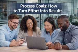 process goals illustrated by a diverse team working together using structured actions to achieve consistent results