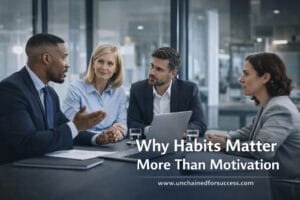 Professional team discussing goals and consistent work habits in a meeting, illustrating why habits matter more than motivation for achieving success