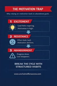 Infographic explaining the motivation trap showing three stages—excitement, resistance, and abandonment—and how structured habits break the cycle