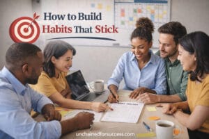 How to build habits blog image showing a diverse group of professionals planning habits together in a modern office