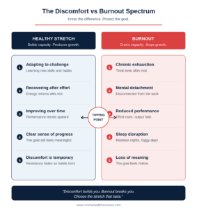 Infographic showing growth without burnout by comparing healthy stretch with burnout signals, including adaptation, recovery, chronic exhaustion and reduced performance