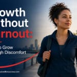 Growth without burnout image showing a focused mixed-race woman moving forward calmly, representing sustainable progress through discomfort