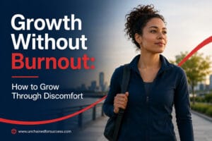 Growth without burnout image showing a focused mixed-race woman moving forward calmly, representing sustainable progress through discomfort