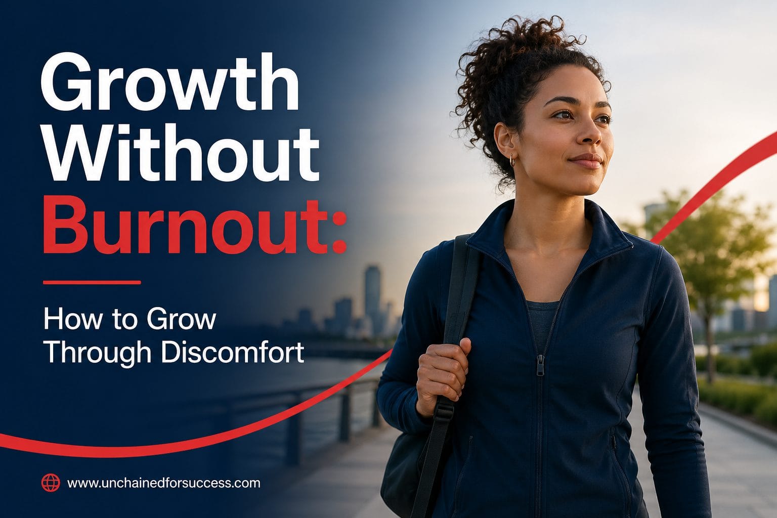 Growth without burnout image showing a focused mixed-race woman moving forward calmly, representing sustainable progress through discomfort