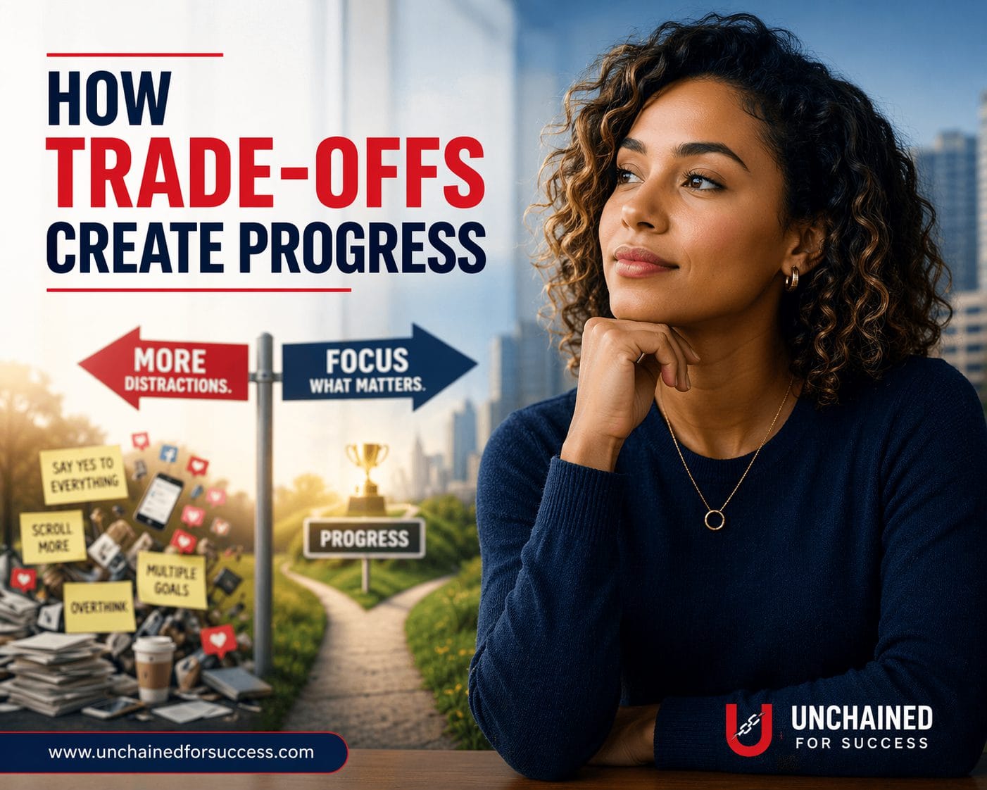 trade-offs create progress blog image showing focused decision path between distractions and progress