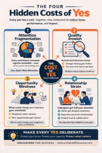 Infographic showing the cost of yes including attention fragmentation, quality erosion, opportunity blindness, and relationship strain
