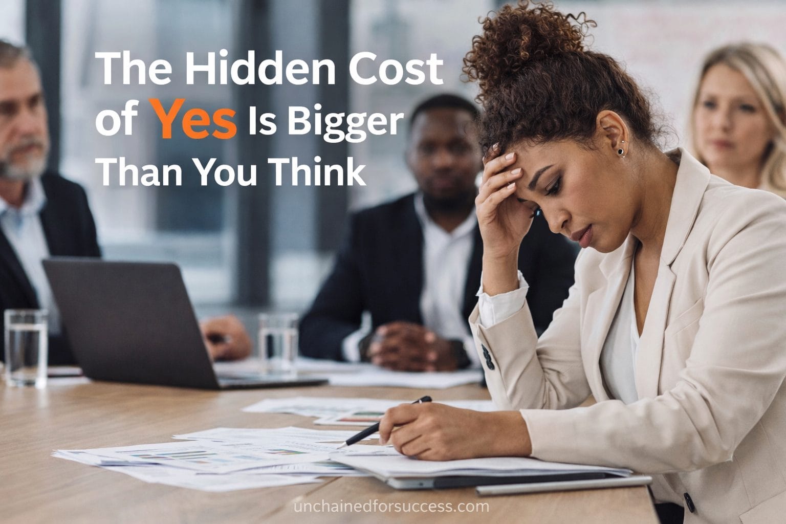 Mixed race professional woman overwhelmed at work illustrating the hidden cost of yes on focus and performance