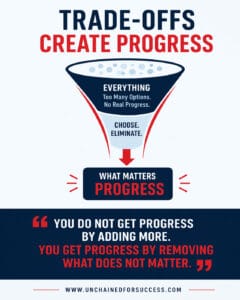 trade-offs create progress infographic showing funnel from many options to focused action and progress