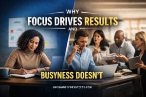 focus drives results image showing focused professional vs busy team comparison