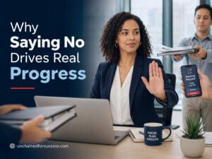 Why say no blog image showing a professional woman protecting focus and rejecting distractions to drive real progress