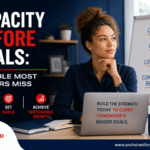 Professional woman reflecting at a desk beside a strategy board showing how capacity builds clarity, confidence, and consistent results