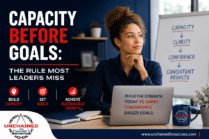 Professional woman reflecting at a desk beside a strategy board showing how capacity builds clarity, confidence, and consistent results