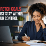 professional writing at a desk with stretch goals text overlay.