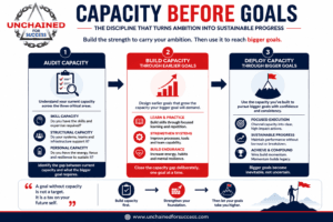Capacity before goals infographic showing audit capacity, build capacity, and deploy capacity as a sequence for achieving bigger goals without burnout