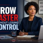 Grow faster without losing control blog image showing a Black professional woman planning disciplined growth with strategy, focus, and execution