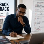 Professional at a desk diagnosing a drifting year, with a whiteboard showing a step-by-step recovery framework and the words “Get Back on Track.