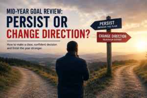 Persist or change direction blog image showing a person standing at a crossroads during a mid-year goal review