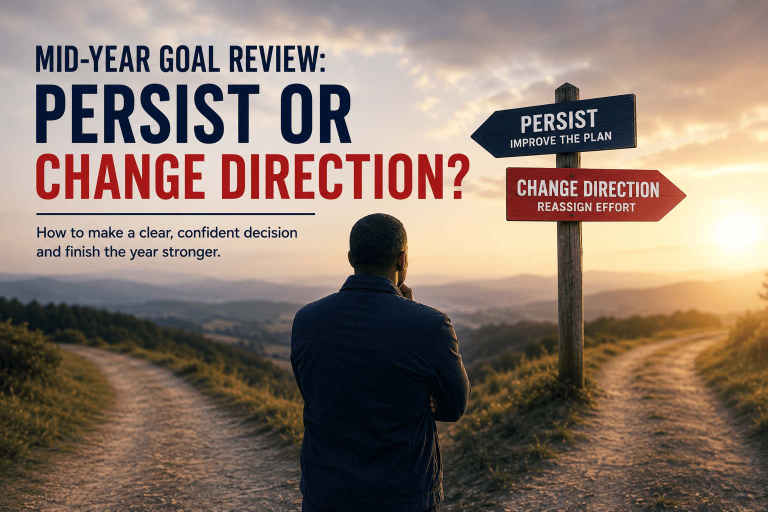 Persist or change direction blog image showing a person standing at a crossroads during a mid-year goal review
