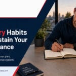 Professional designing recovery habits by writing in a book beside a planned workspace