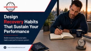 Professional designing recovery habits by writing in a book beside a planned workspace