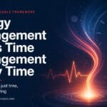 Energy management blog image showing glowing energy rising beside a clock and calendar, illustrating why energy, not just time, keeps goals moving
