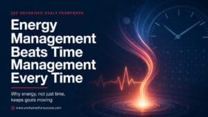 Energy management blog image showing glowing energy rising beside a clock and calendar, illustrating why energy, not just time, keeps goals moving