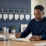 Man planning his goals at a desk with a progress timeline displayed behind him