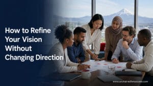 Diverse team working together to refine your vision while the same mountain peak remains in view