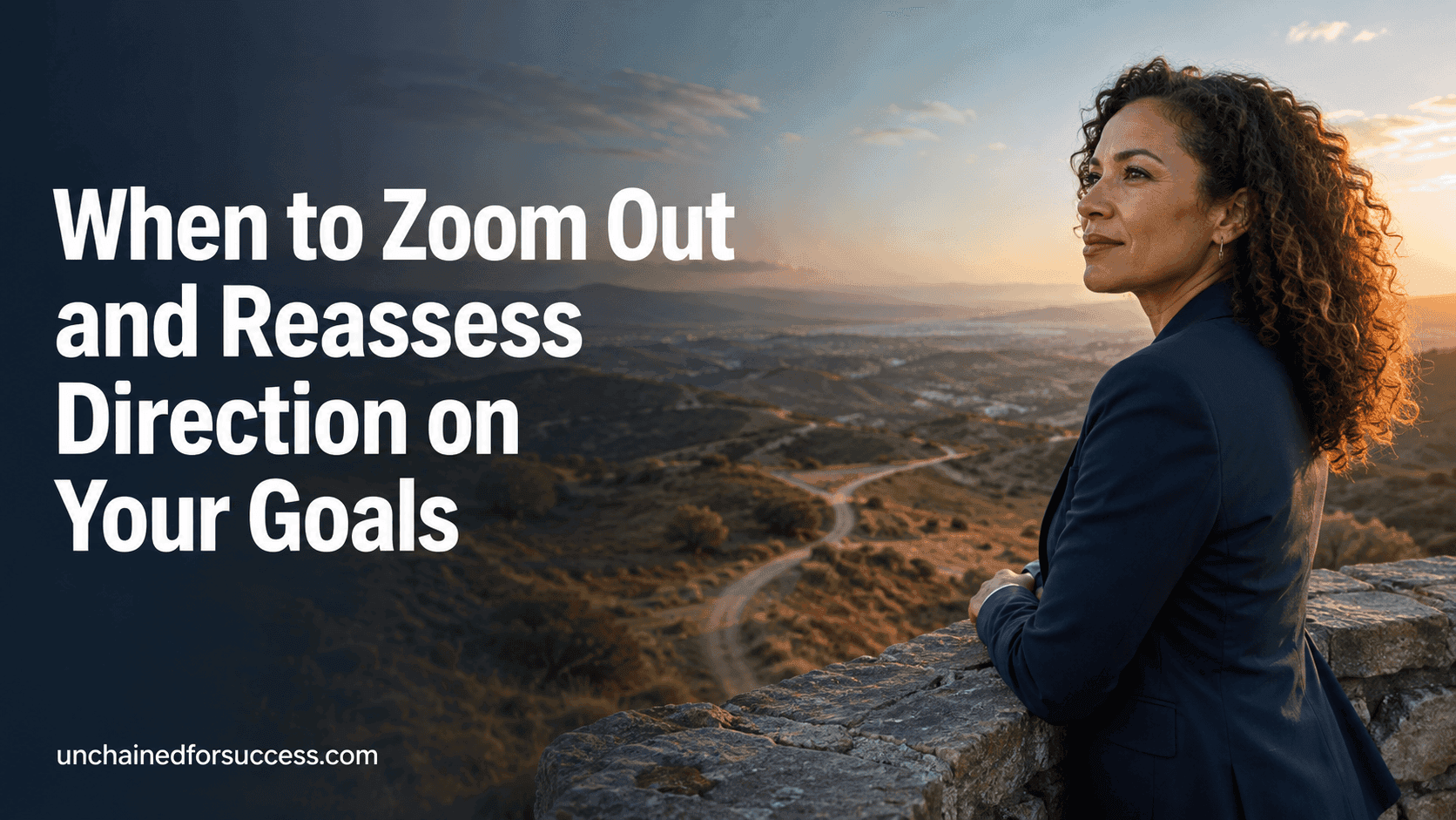 Mixed-race woman pausing above branching paths to reassess the direction of her goals