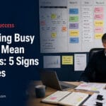 White male professional beside an overloaded planning board and an untouched priority folder, illustrating being busy without making progress.