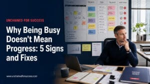 White male professional beside an overloaded planning board and an untouched priority folder, illustrating being busy without making progress.