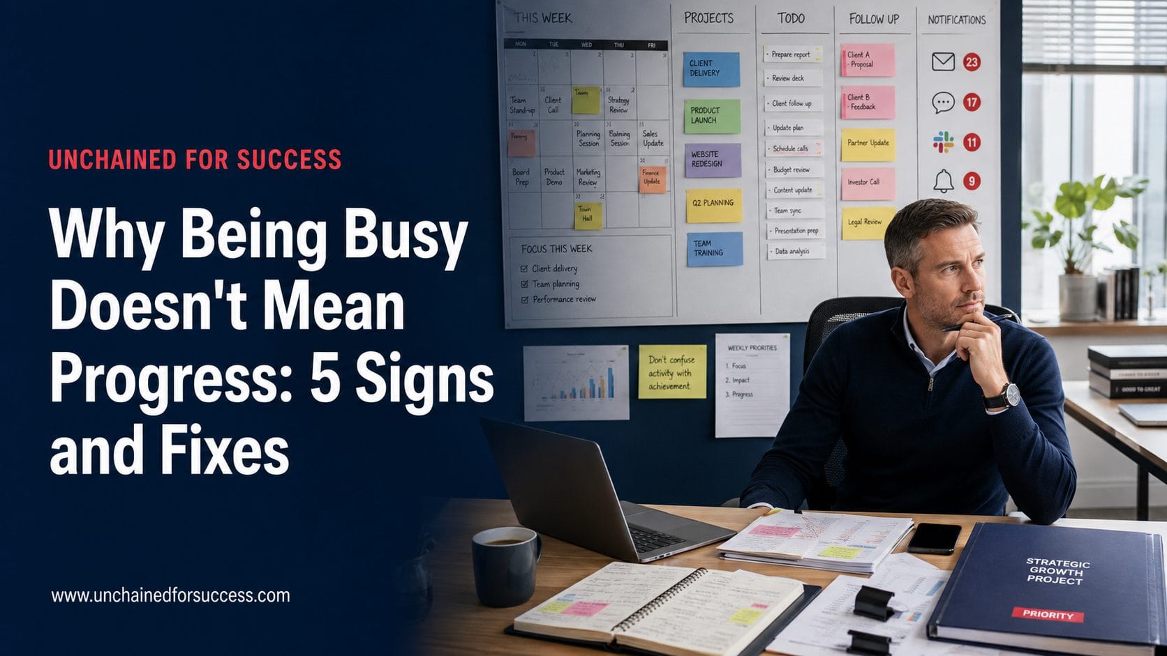 White male professional beside an overloaded planning board and an untouched priority folder, illustrating being busy without making progress.