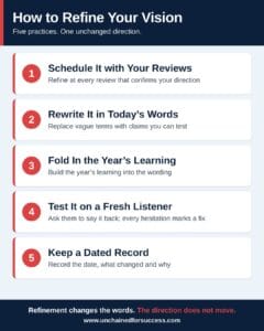 Infographic showing five practices to refine your vision without changing direction